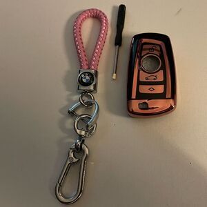 BMW Logo key fob Keychain in Pink & Key Fob Cover in pink & black NWT